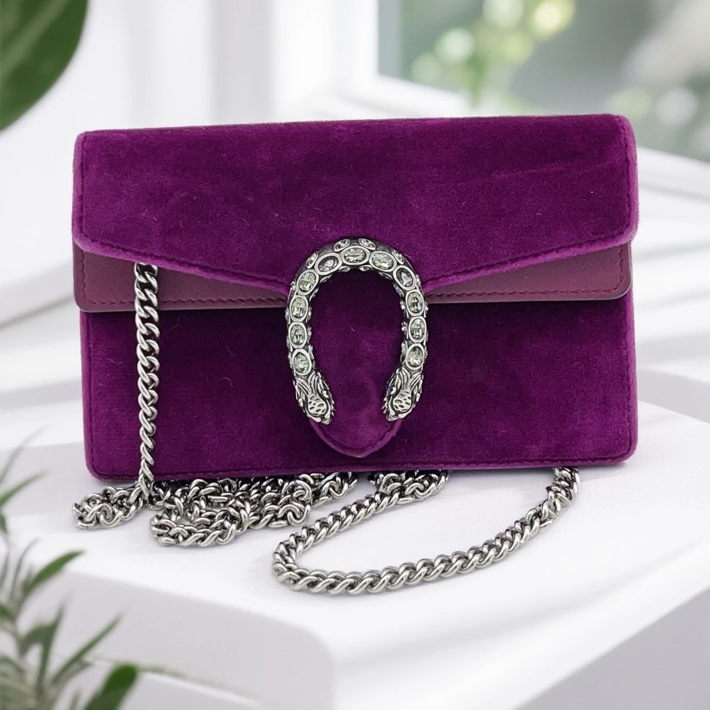 95新 GUCCI/古驰 紫红丝绒酒神链条包 1685 8972