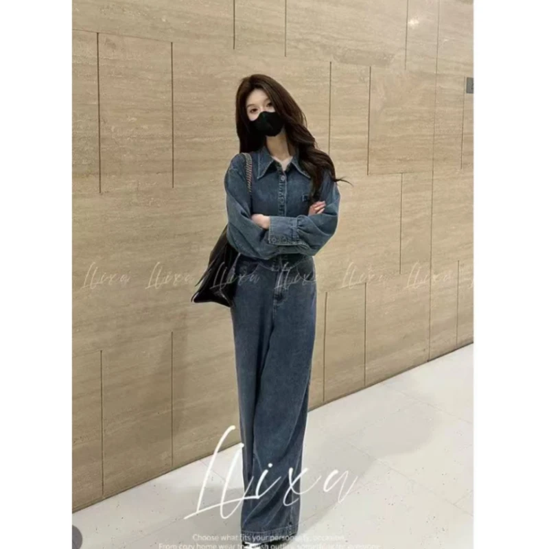 港风复古牛仔套装女春季高级感气质阔腿裤两件套