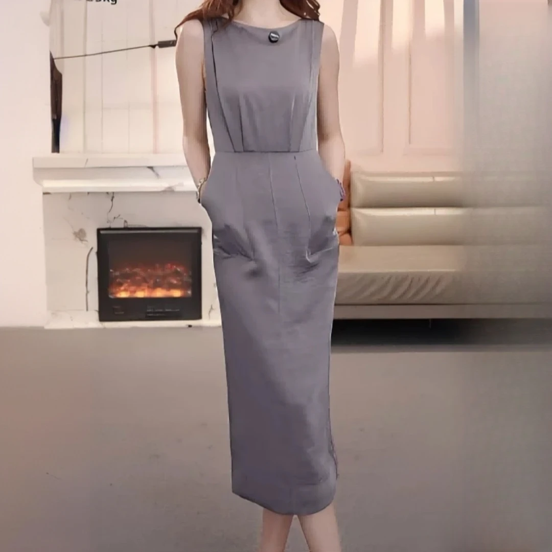 阿玛施夏季新中式古风中长款灰色收腰阿玛施烟灰色连衣裙