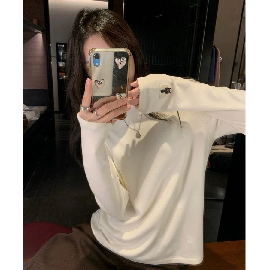 "长期主义“秋冬双面绒可爱小猫基础款百搭宽松打底T恤-D