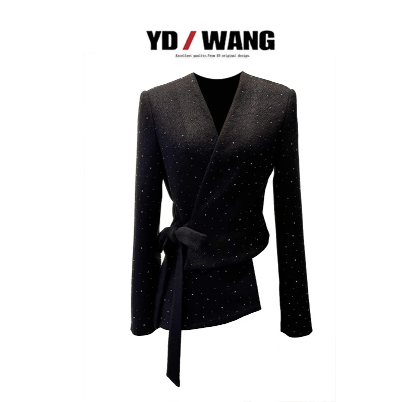 【YD精选】满天星叠襟绑带外套  V字下摆不规则小众款长袖