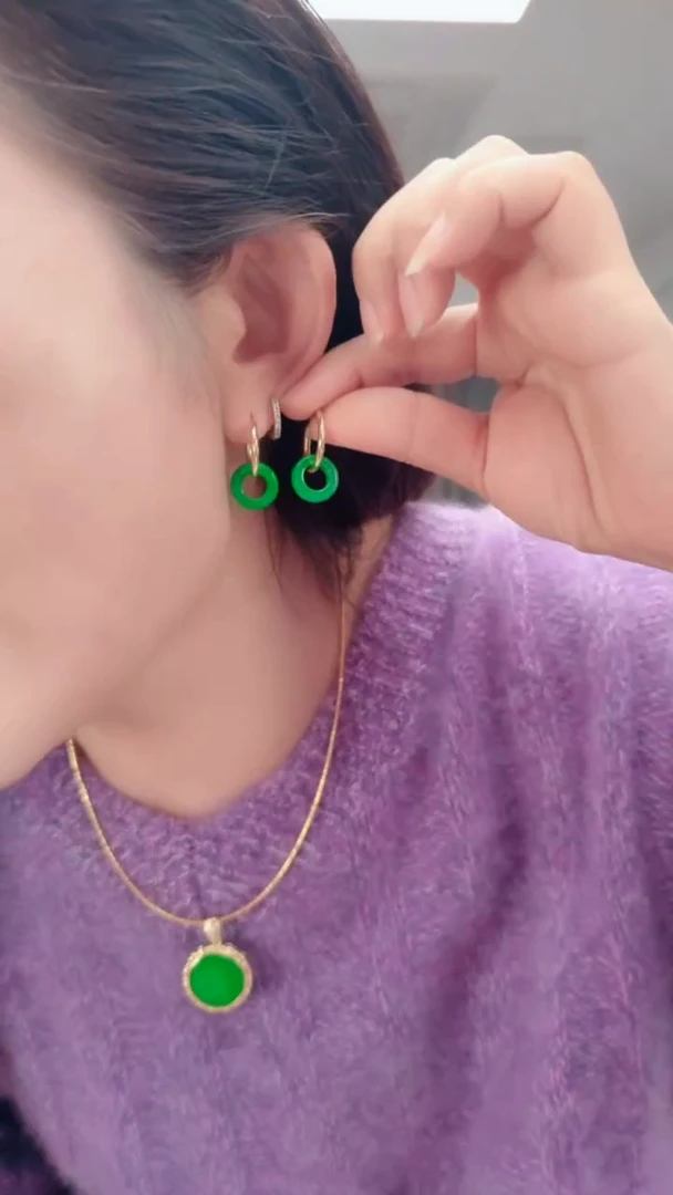 颈饰合金石英质玉0535绿色耳圈