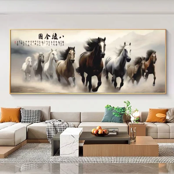 八骏图沙发办公室背景墙壁现代装饰画挂画横幅画平面晶瓷挂画