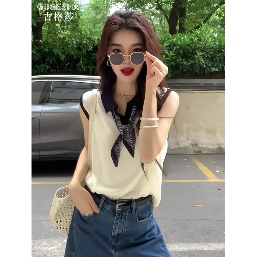 2025新款节麻白色Polo领正肩冰丝短袖t恤女夏季设计感小飞袖套装