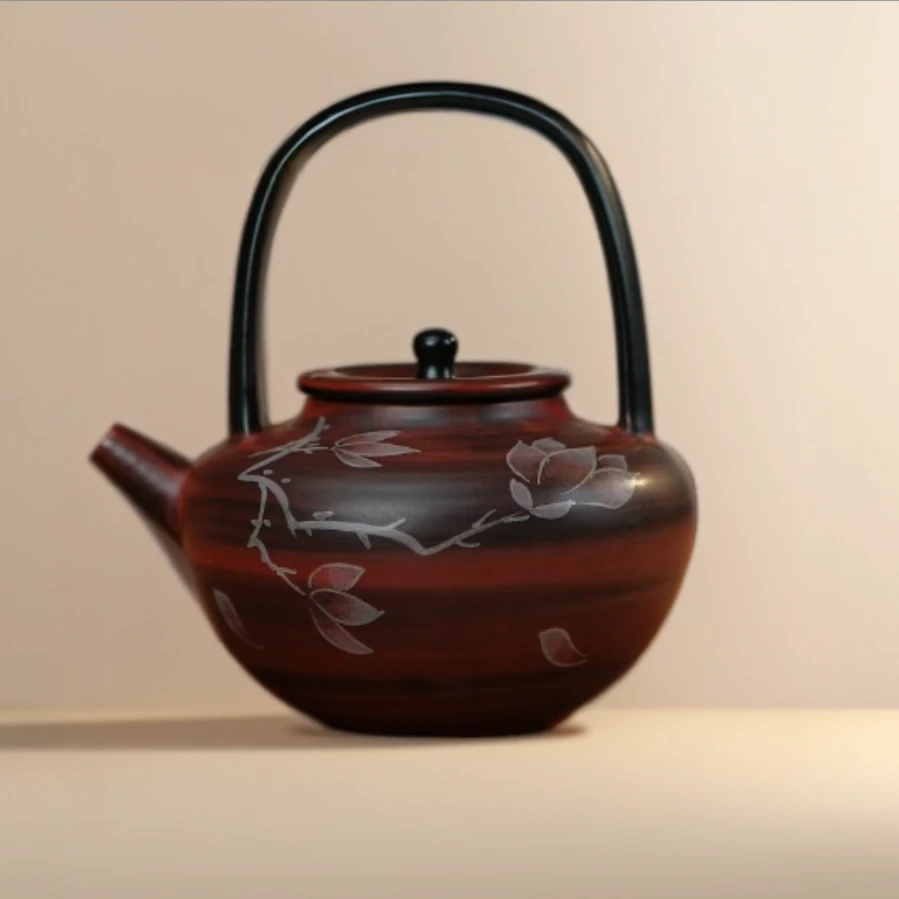 山楂红手绘玉兰花-一体式提梁壶-手绘泡茶壶