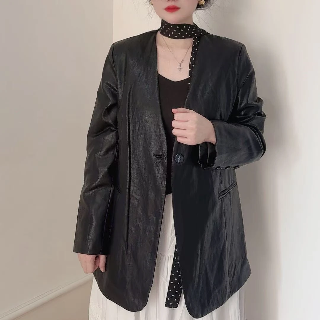 2025春秋季新款设计感无领中长款PU皮衣西装外套上衣女百搭气质