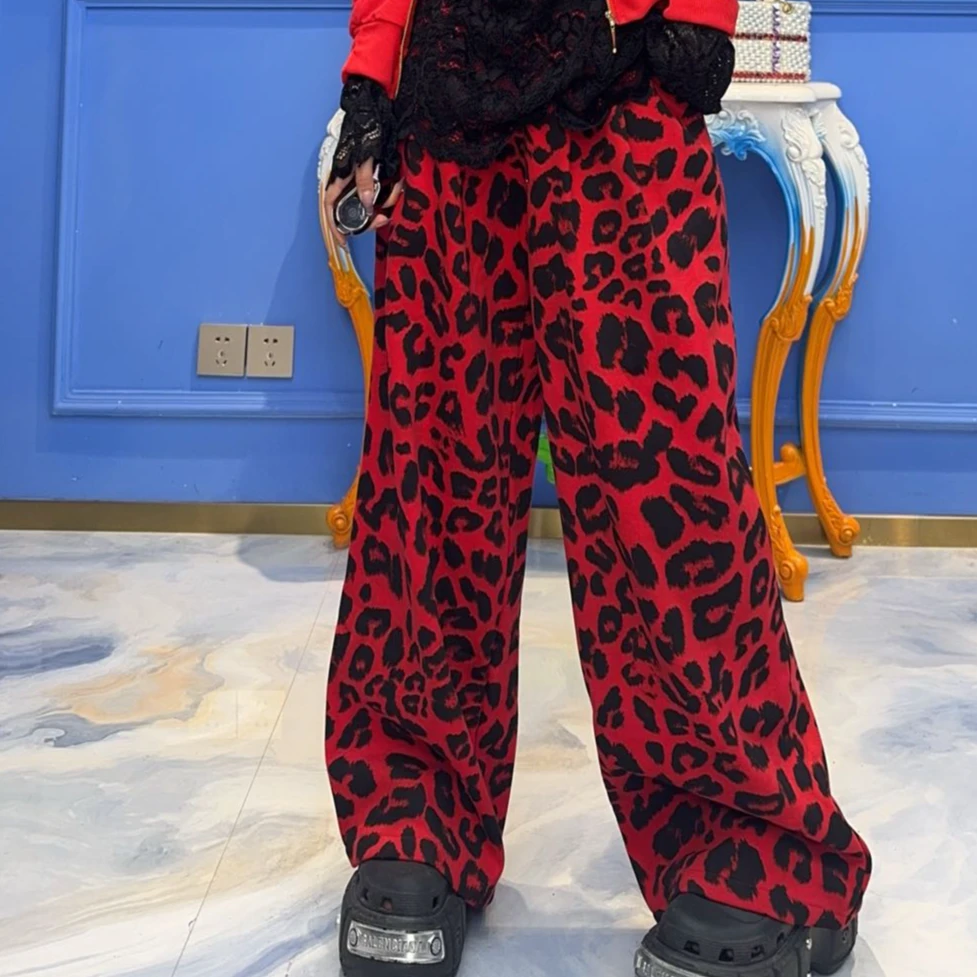 A81210 设计师连卡佛时尚女性红色豹纹气质减龄阔腿裤