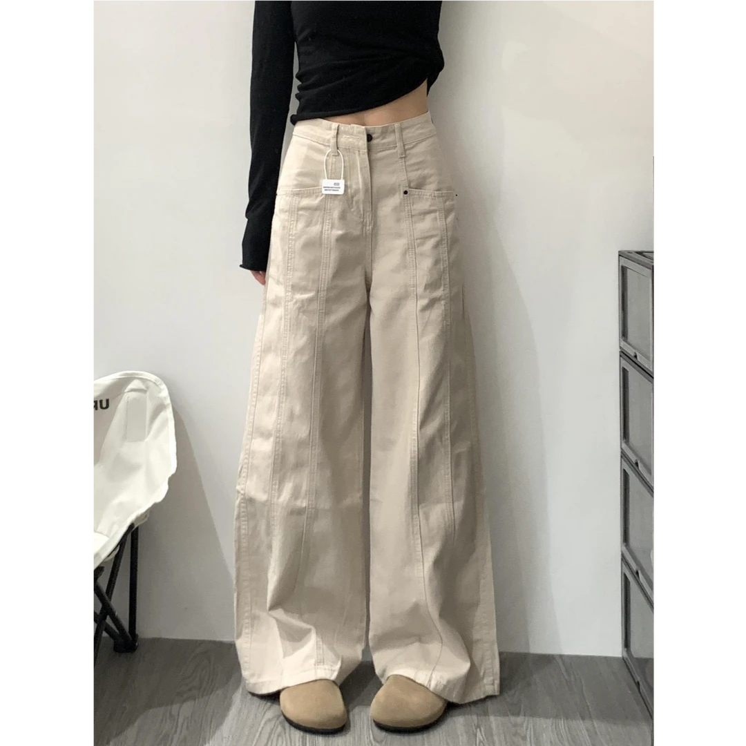 夏季米杏色复古美式工装牛仔裤女新款高腰宽松显瘦直筒阔腿长裤潮