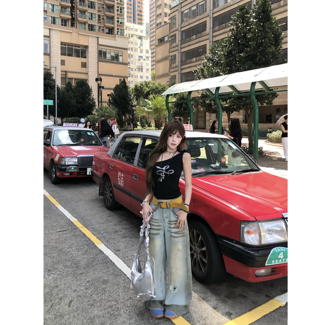 WSMY复古小众水洗高腰牛仔裤女夏季宽松直筒休闲阔腿长裤