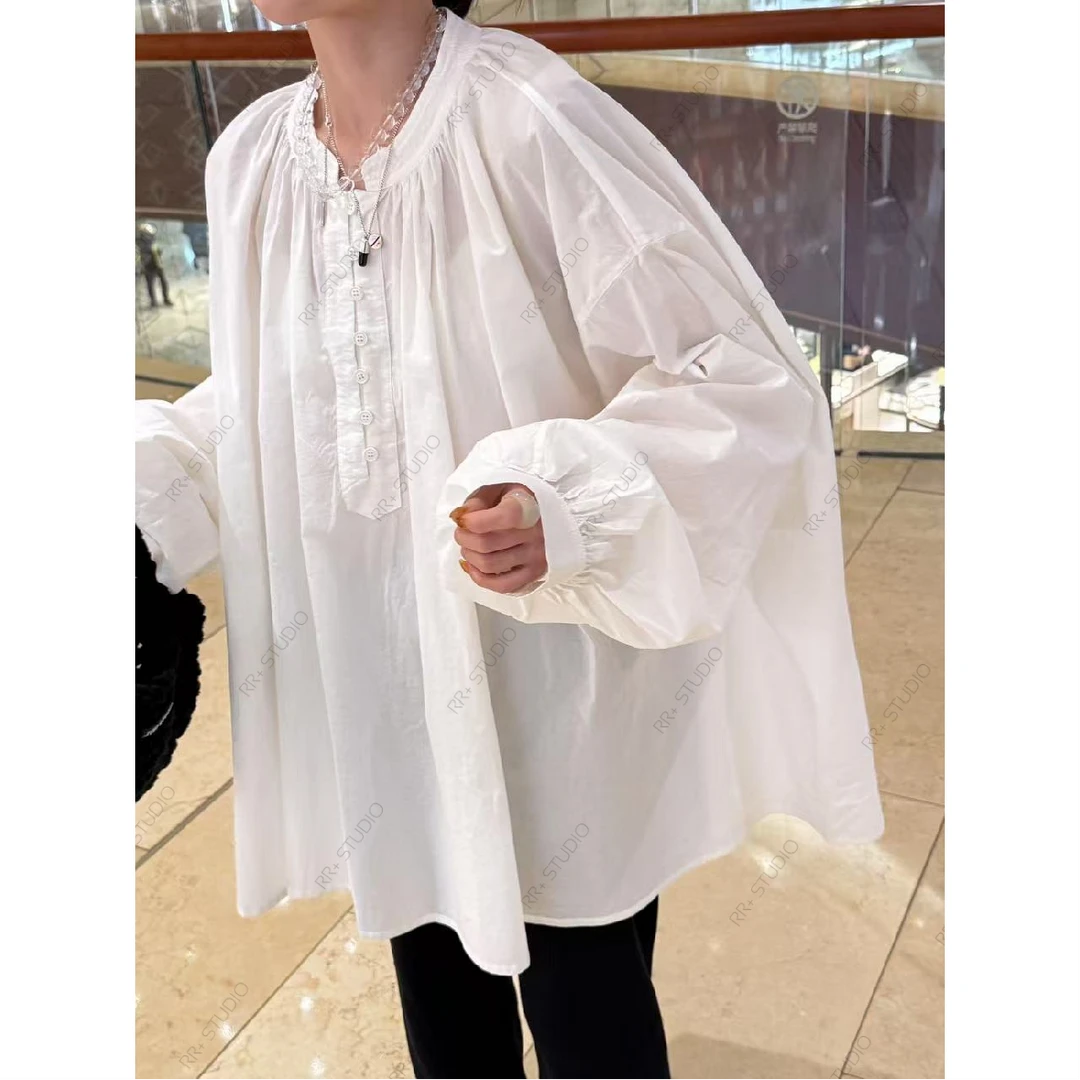 『豆公子』 23236通勤简约圆领斗篷衬衣女气质半开领休闲套头上衣