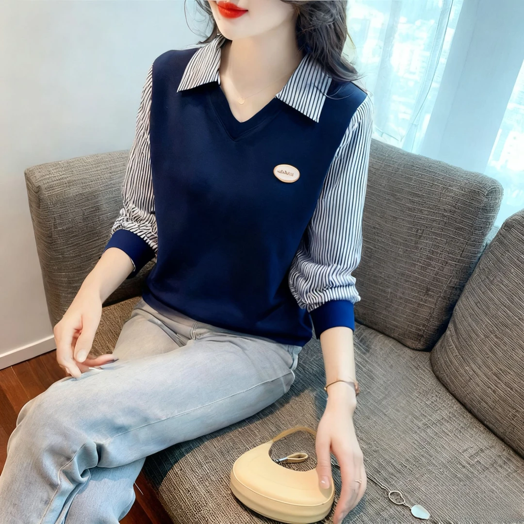 洋气假两件拼接长袖T恤女装秋季爆款2025百搭薄款秋衣POLO领上衣