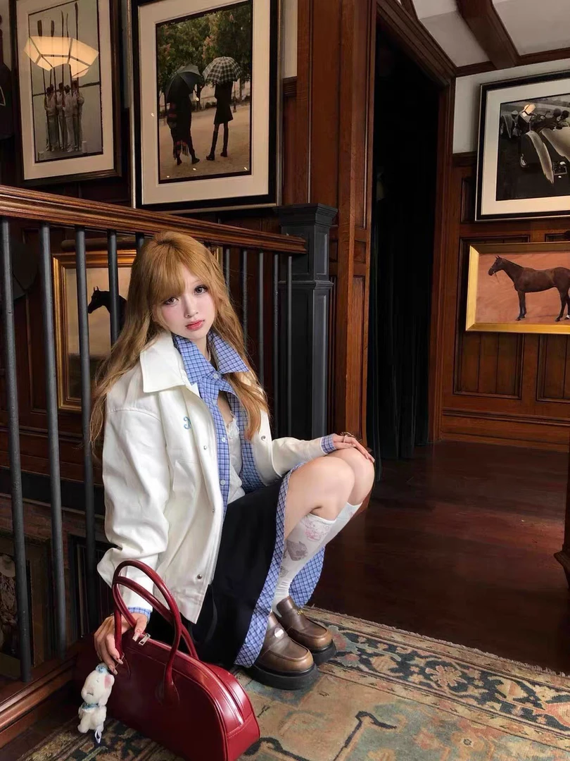 格子拼接假两件外套女春季2025新款短款夹克韩系慵懒风开衫上衣