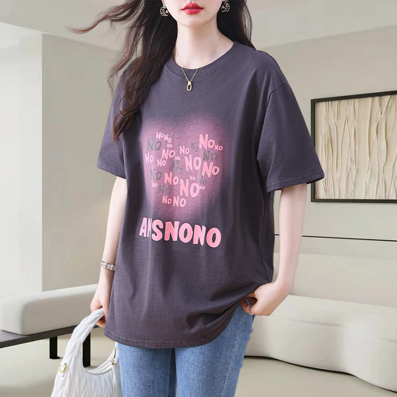 圆领印花短袖t恤女士2025夏季新款时尚减龄宽松重工烫钻休闲上衣