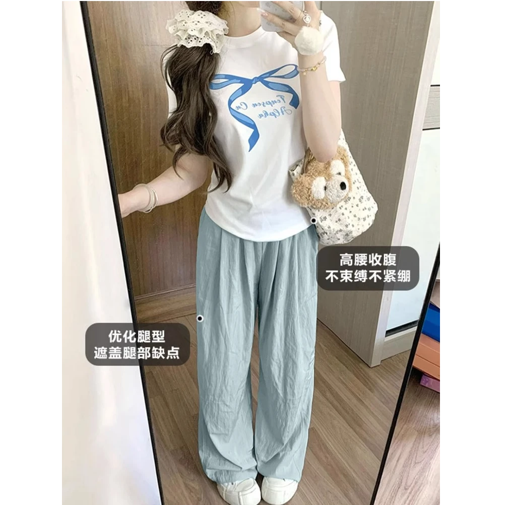奶蓝色冰丝奶芙裤女初夏2025年新款宽松阔腿薄款慵懒风休闲长裤子