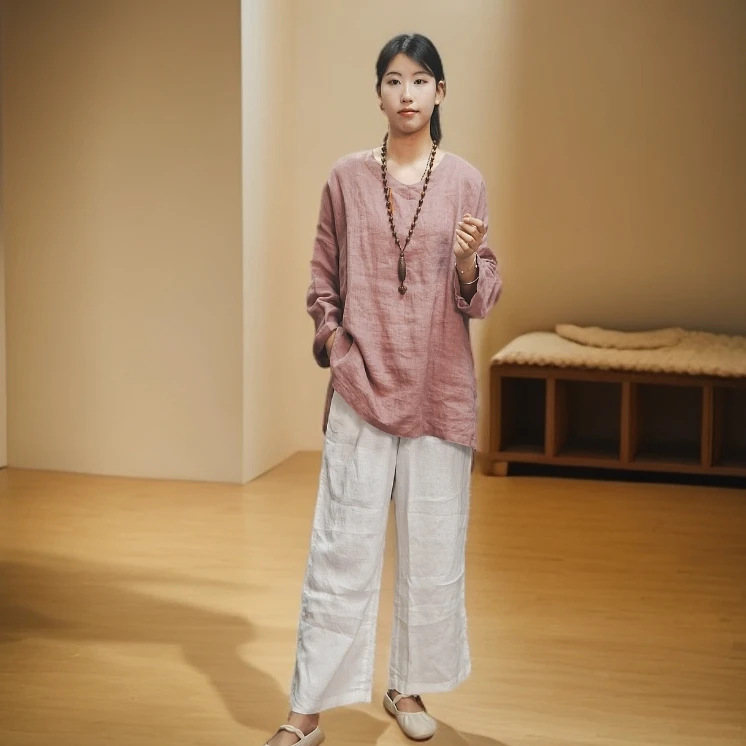 亚麻袍子女手工绣 V领中长款亚麻袍子女宽松前短后长上衣