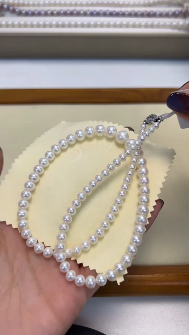 颈饰银S925镶嵌淡水珍珠4-8.5mm无核白珠塔链