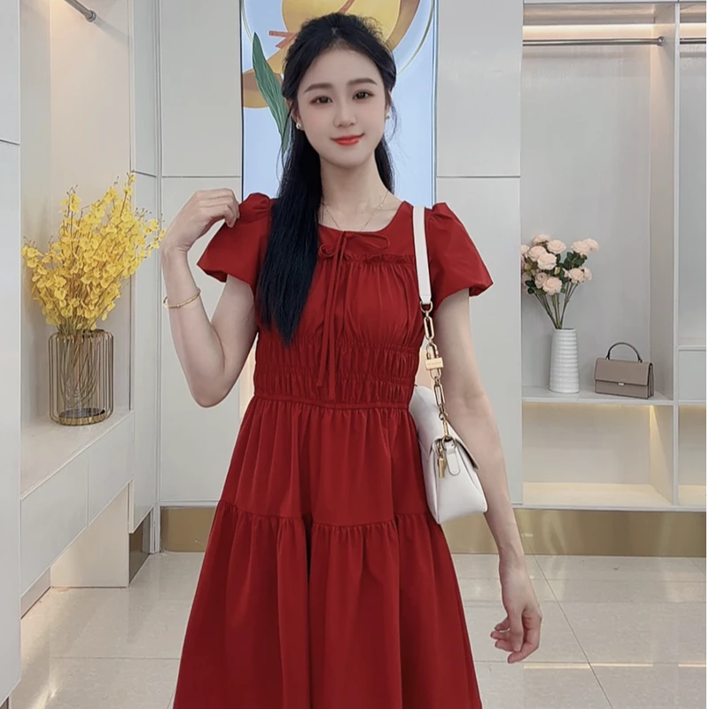 【芊朵 】小个子2025新款夏季收腰遮肉显瘦气质洋气泡泡袖连衣裙女