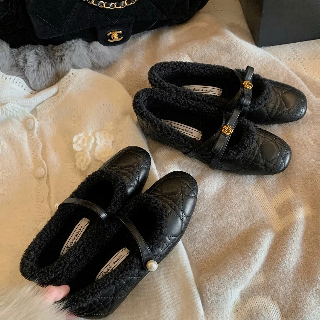 【玉茗茶骨】加绒山茶花浅口厚底增高玛丽珍单鞋女秋冬小香风