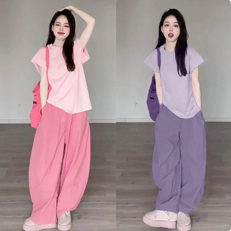 女装夏季新款粉色圆领短袖T恤搭配小个子高腰休闲裤子显瘦宽松