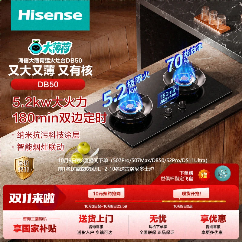 【补贴20%】海信大薄荷定时DB50大火力灶烟灶联动天然气双灶猛火灶