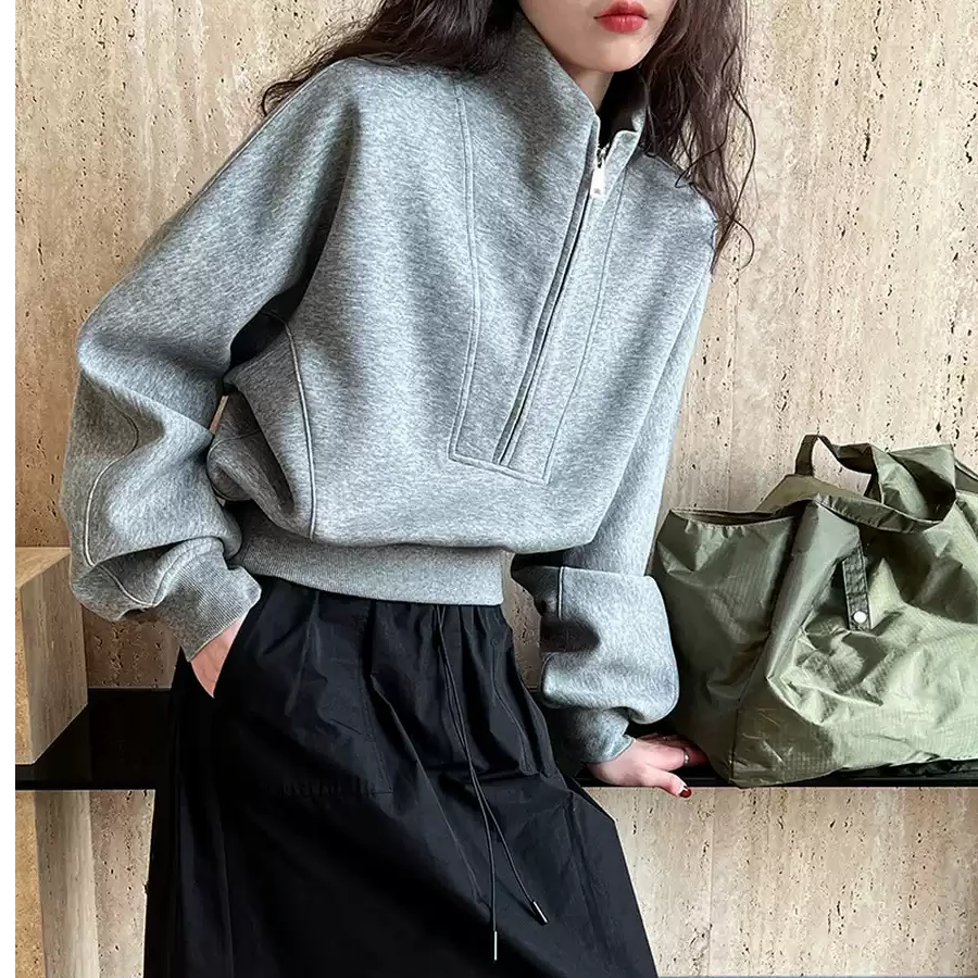 美式高街ins卫衣复古半拉链立领短款女士卫衣高领爆款套头小个子