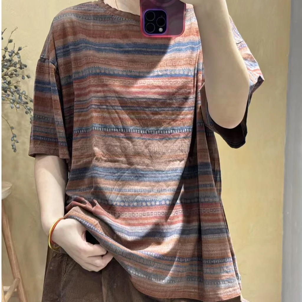 2025夏季新款休闲时尚百搭宽松条纹圆领显瘦纯棉半袖T恤256502.