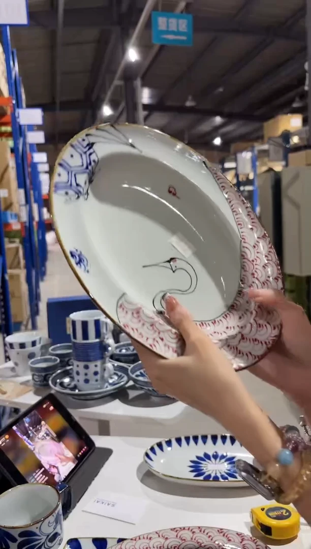 瓷片赤鶴青亀 楕円カレー皿54802