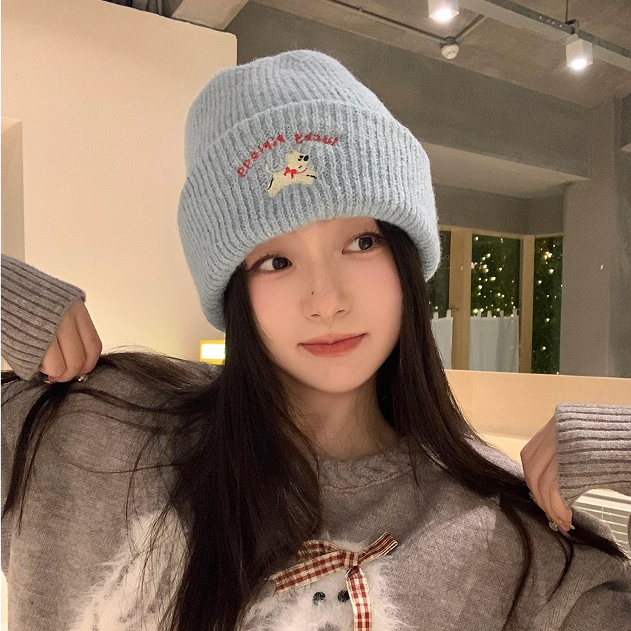 软糯糯可爱小狗刺绣针织帽女冬季加厚保暖显脸小毛线帽女护耳冷帽