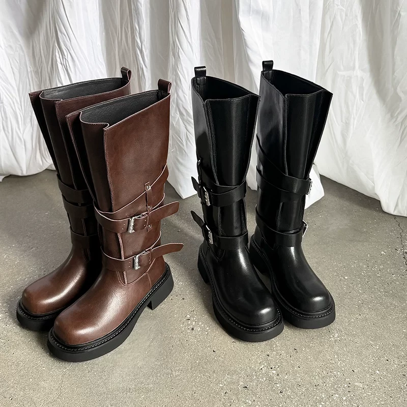 复古皮带扣骑士靴女新款大筒围厚底机车长筒靴子8329(不加绒)