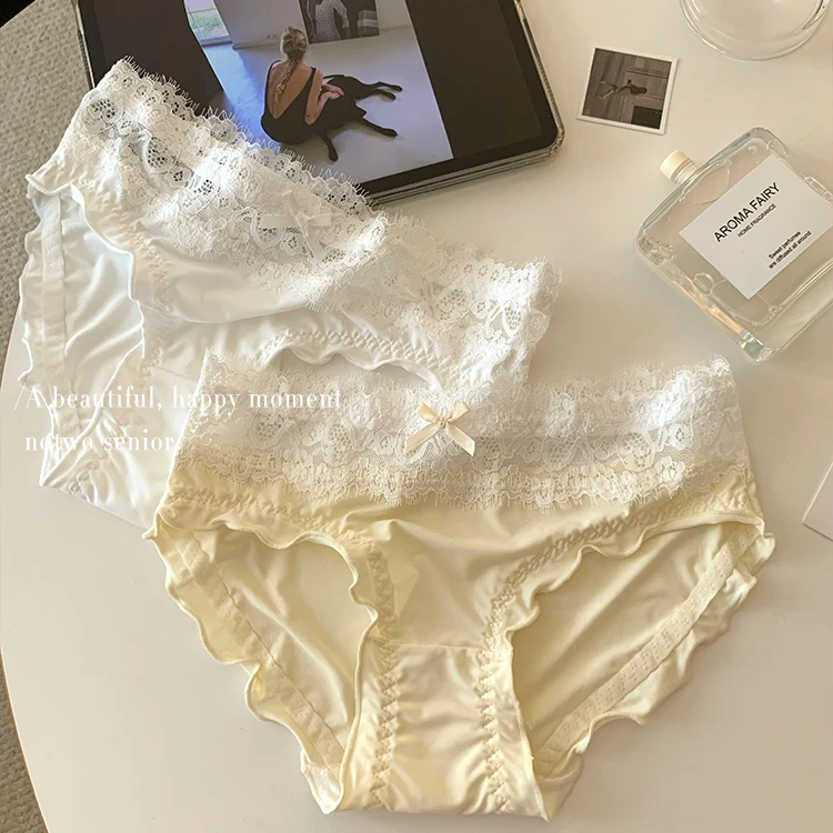 甜美无痕薄款蝴蝶结花边拼接纯欲少女透气包臀女内裤中腰三角短裤