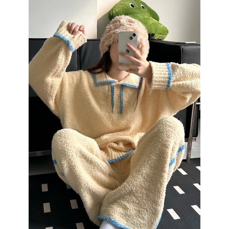 ins韩版高级软糯半边绒睡衣女款冬季加绒加厚保暖毛绒家居服套装