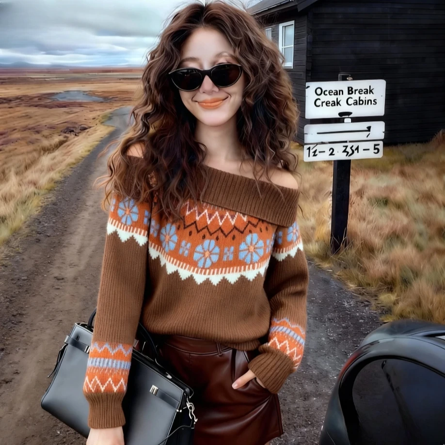 秋冬新款百搭复古提花费尔岛慵懒风不规则领针织衫套头毛衣洋气女