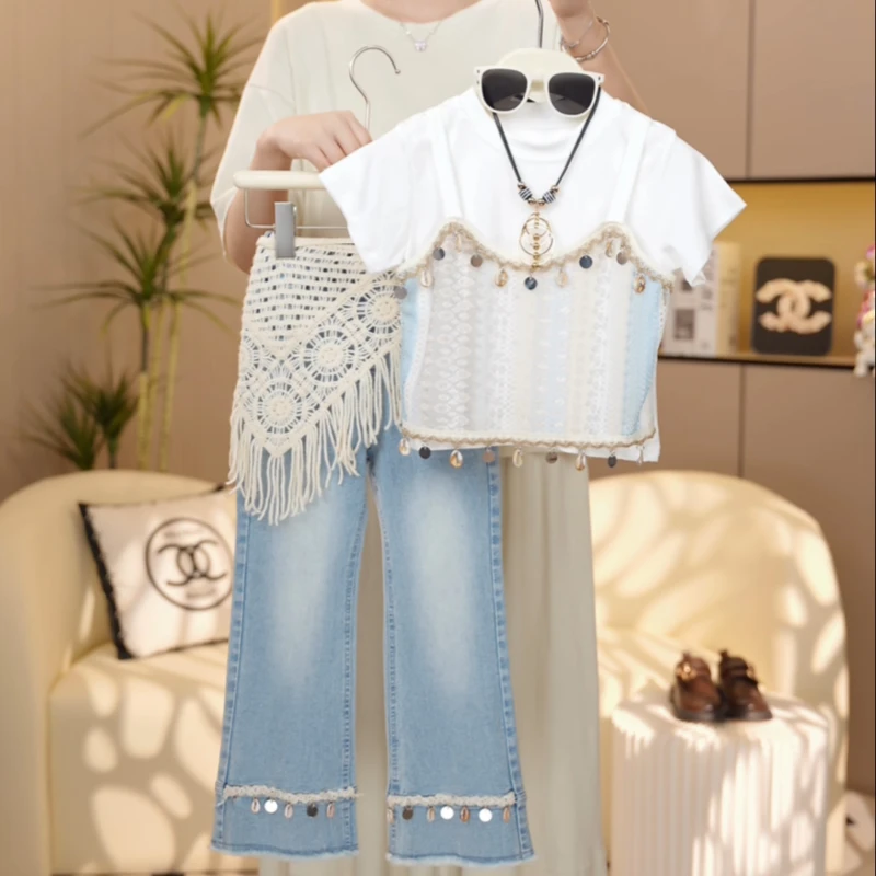 【糖宝魔豆】女童夏季套装2025新款夏装薄款牛仔裤女孩百搭镂空短袖