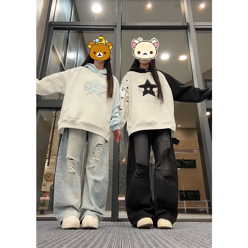 纯棉贴布星星小翅膀连帽卫衣女2025秋冬加绒宽松休闲插肩袖上衣潮