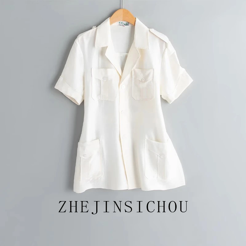 夏季新款休闲风时尚气质文艺感宽松真丝女装上衣短袖短款百搭设计