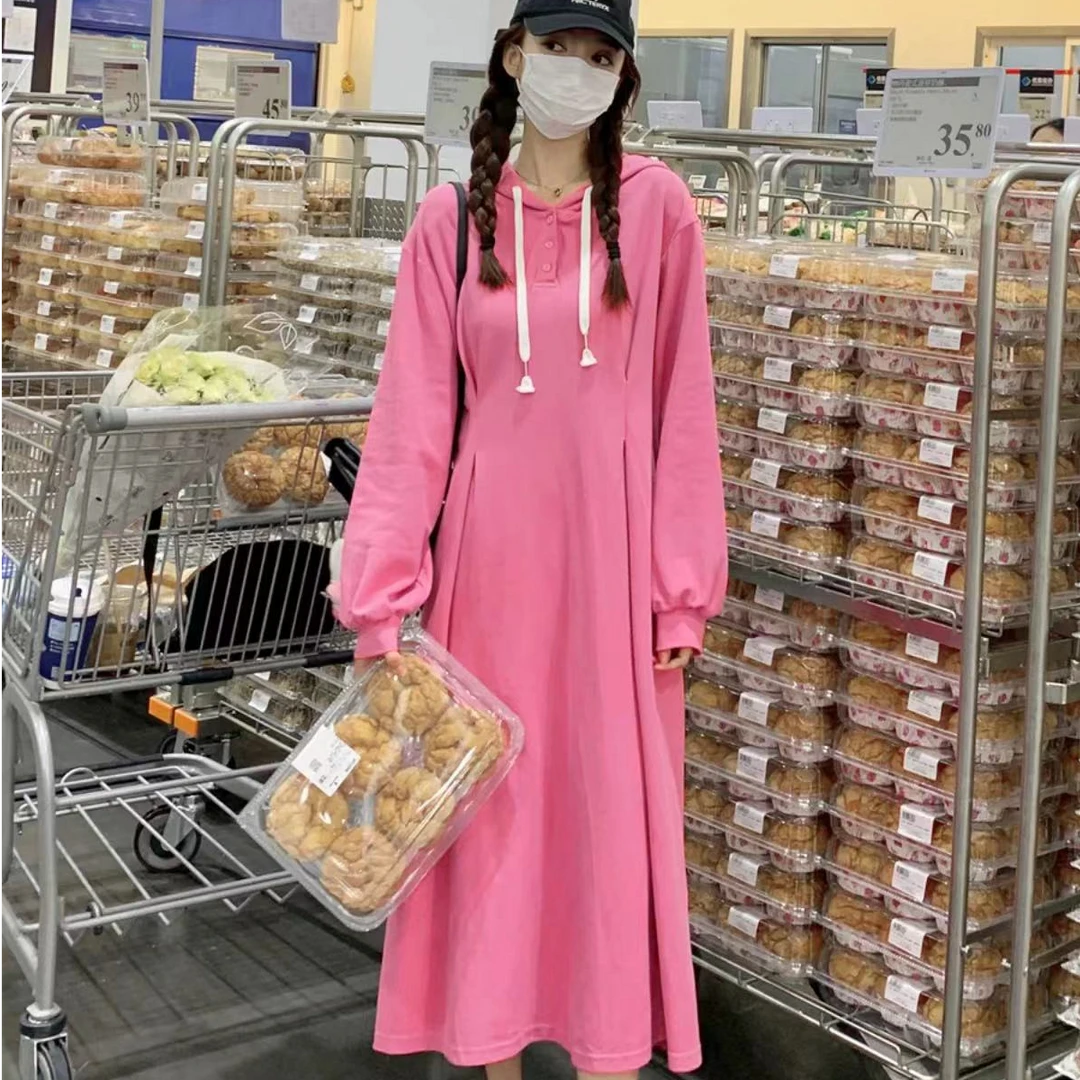 粉色长款连帽卫衣裙女春秋季套头连帽休闲宽松中长款过膝连衣裙子
