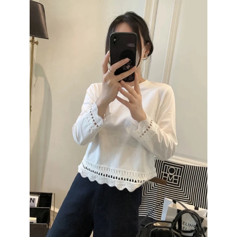 蕾丝肌理感慵懒风长袖新款简约圆领上衣LK2501825