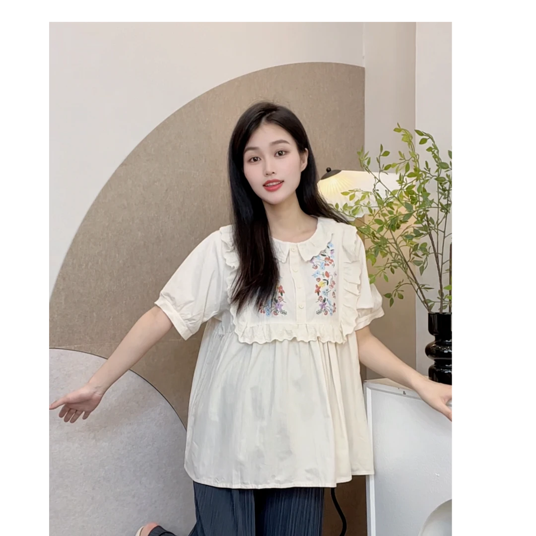 孕妇装夏季蕾丝新款韩系重工花朵刺绣甜美时尚减龄娃娃领衬衫