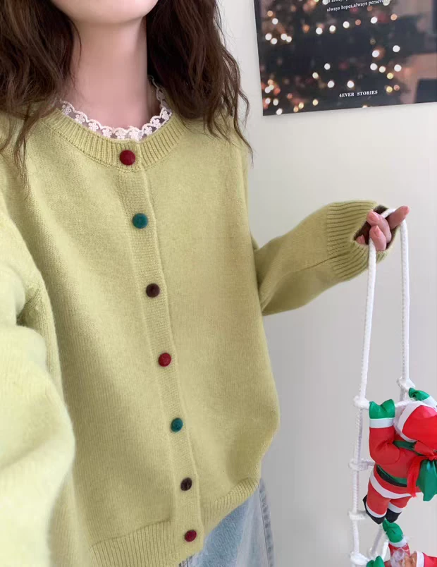 秋冬新款长袖宽松圆领针织开衫常规款毛针织衫百搭春秋纯色上衣