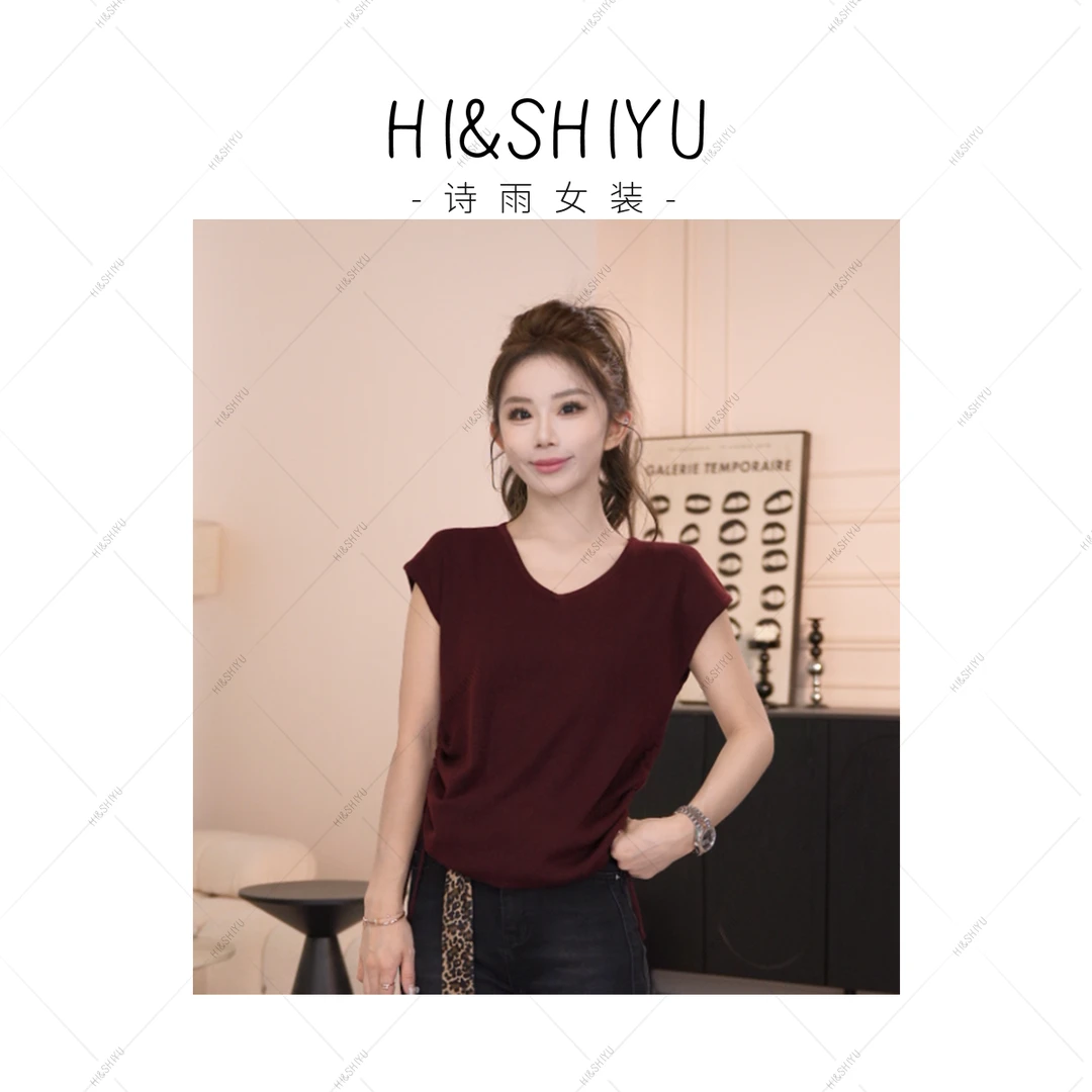 HISHIYU【温柔随行】早秋V领双侧抽拉绳修身百搭毛衣T恤
