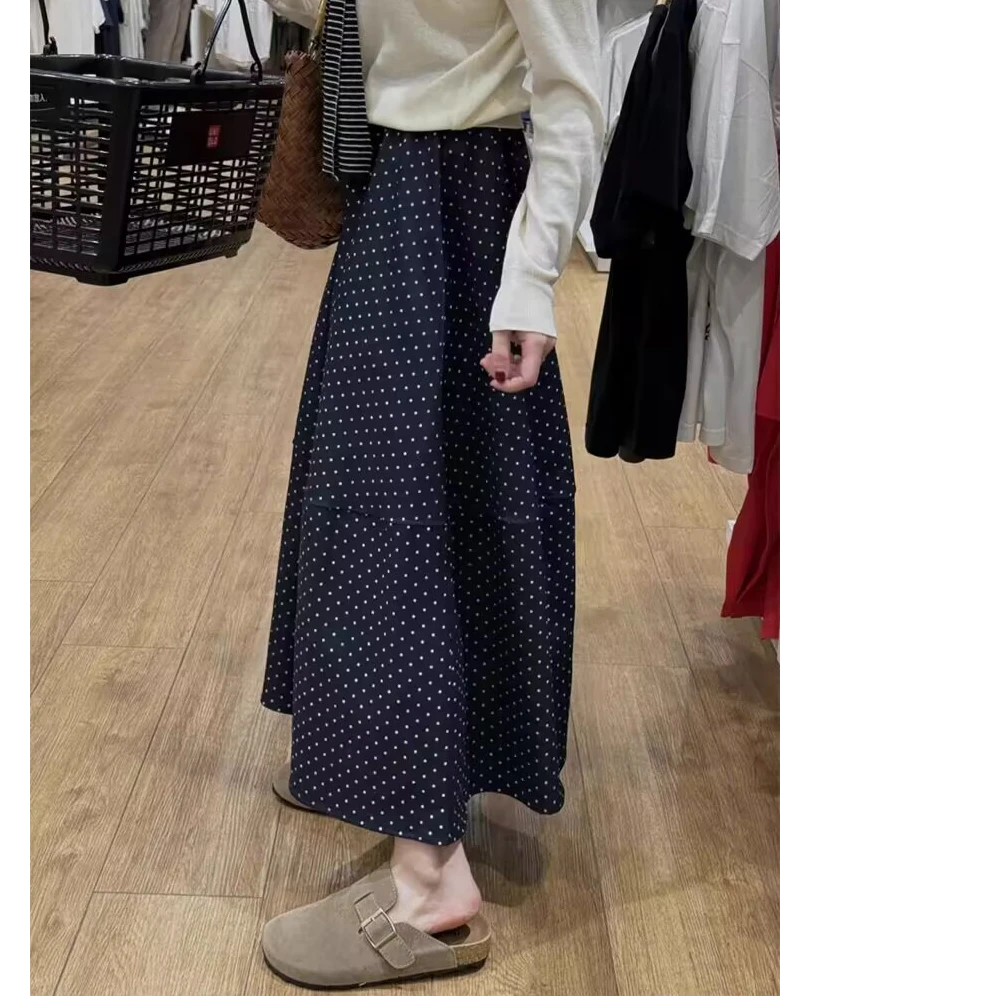 藏青色波点半身裙女2025新款大码胖mm遮胯显瘦半裙高腰拼接A字裙