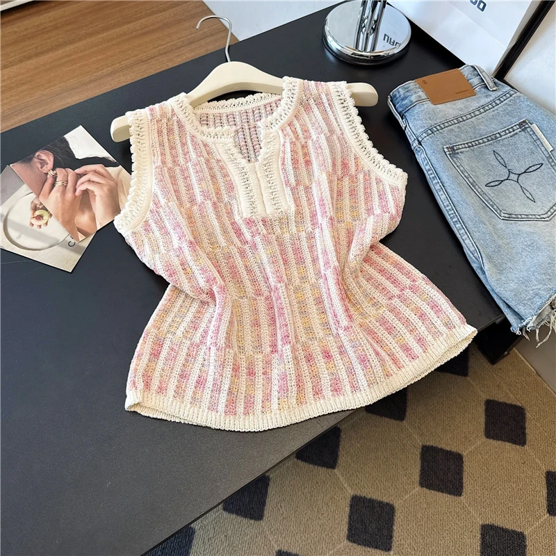 镂空条纹针织背心女2025夏季新款无袖上衣高级薄款穿搭洋气显瘦