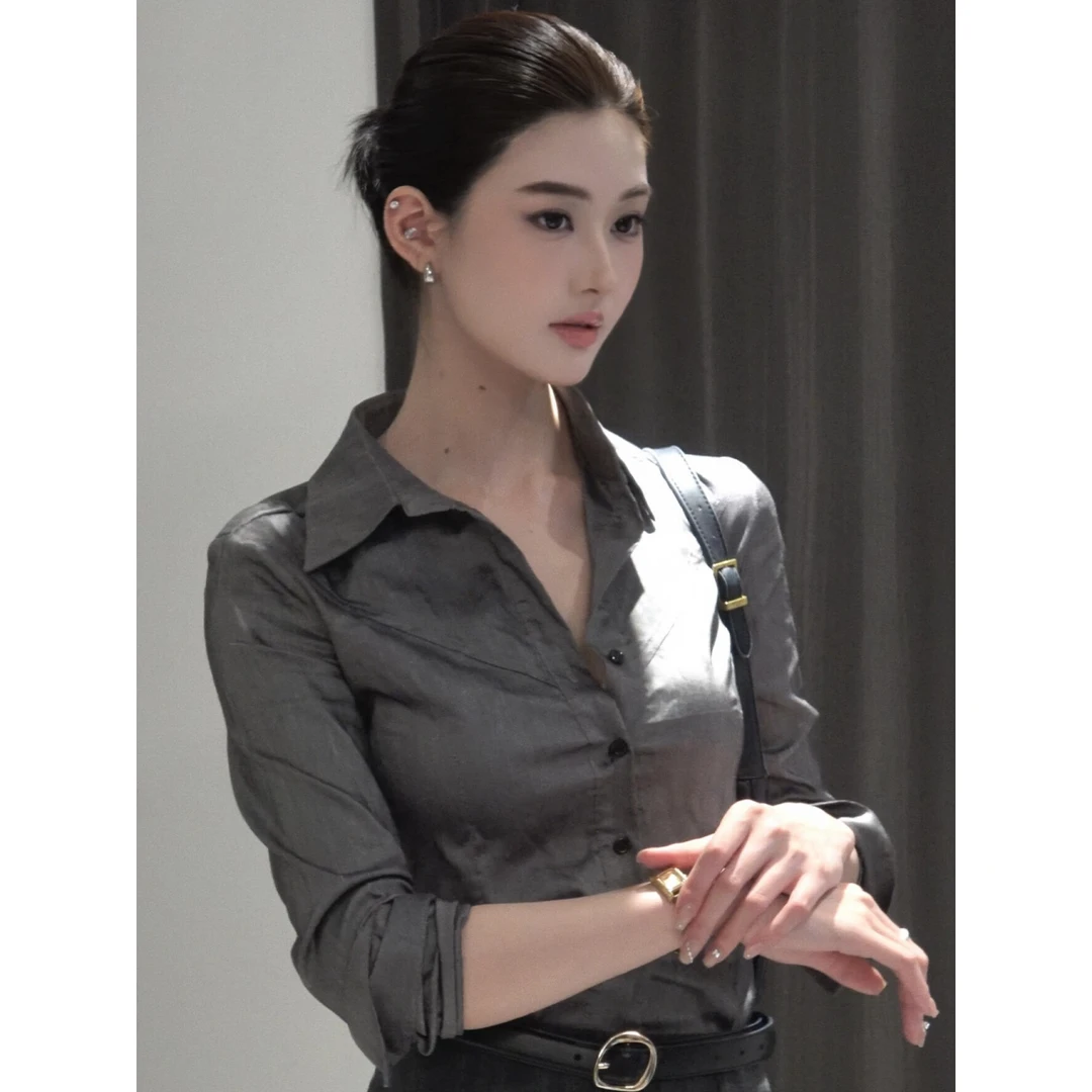 MARIE.COCO韩版极简轻职风长袖衬衫上衣秋季新款格纹包臀短裙套装