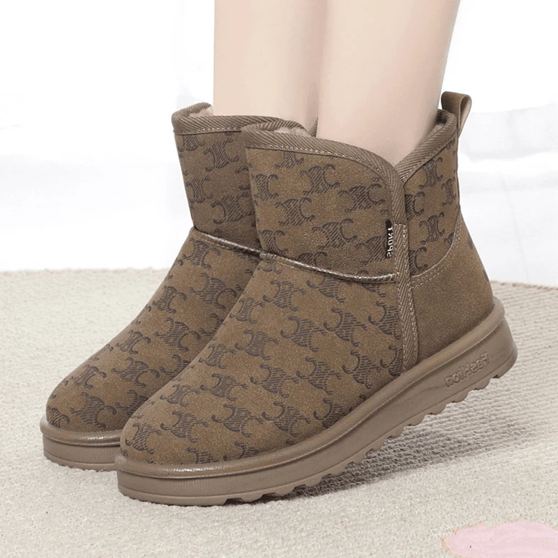 加绒加厚2025冬季印花保暖防滑雪地靴时尚休闲一脚蹬保暖棉鞋