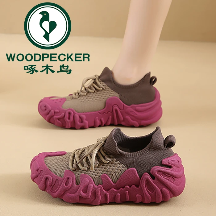 啄木鸟飞织袜子鞋女2025春季新款网面透气百搭休闲软底椰子运动鞋