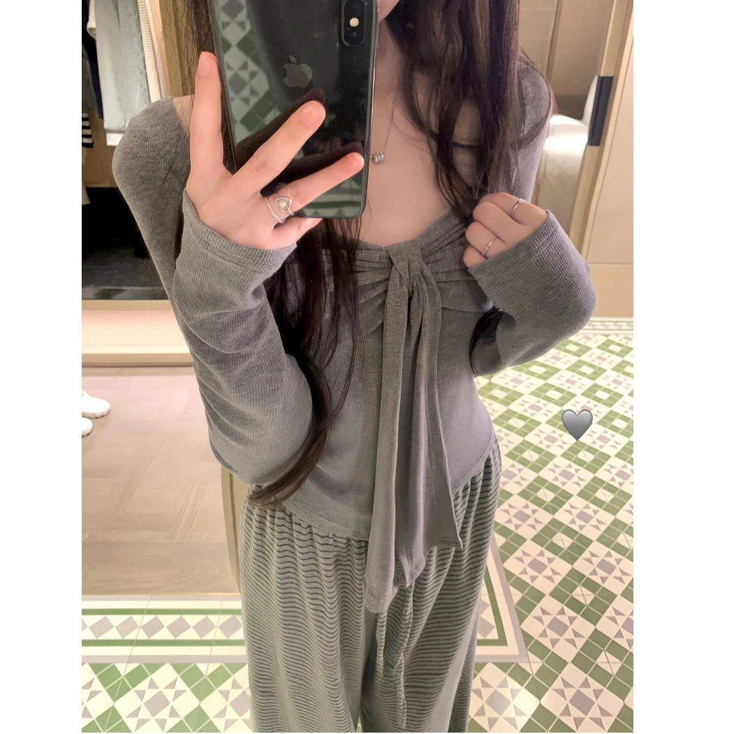 小众蝴蝶结T恤针织韩系修身长袖上衣#Y8546