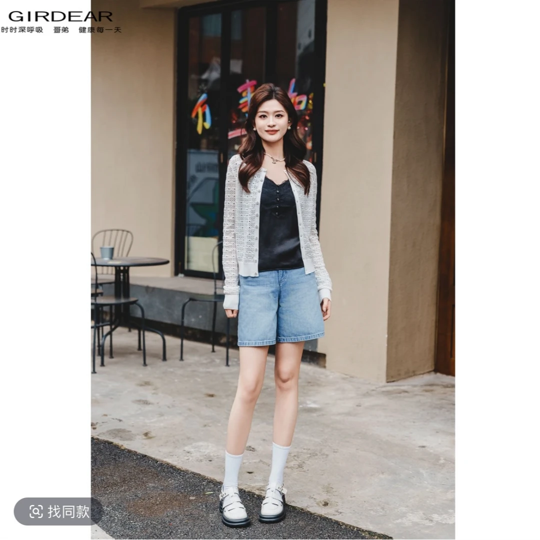 GIRDEAR/哥弟春夏新款宽松高腰百搭老爹中5分短裤牛仔裤110003