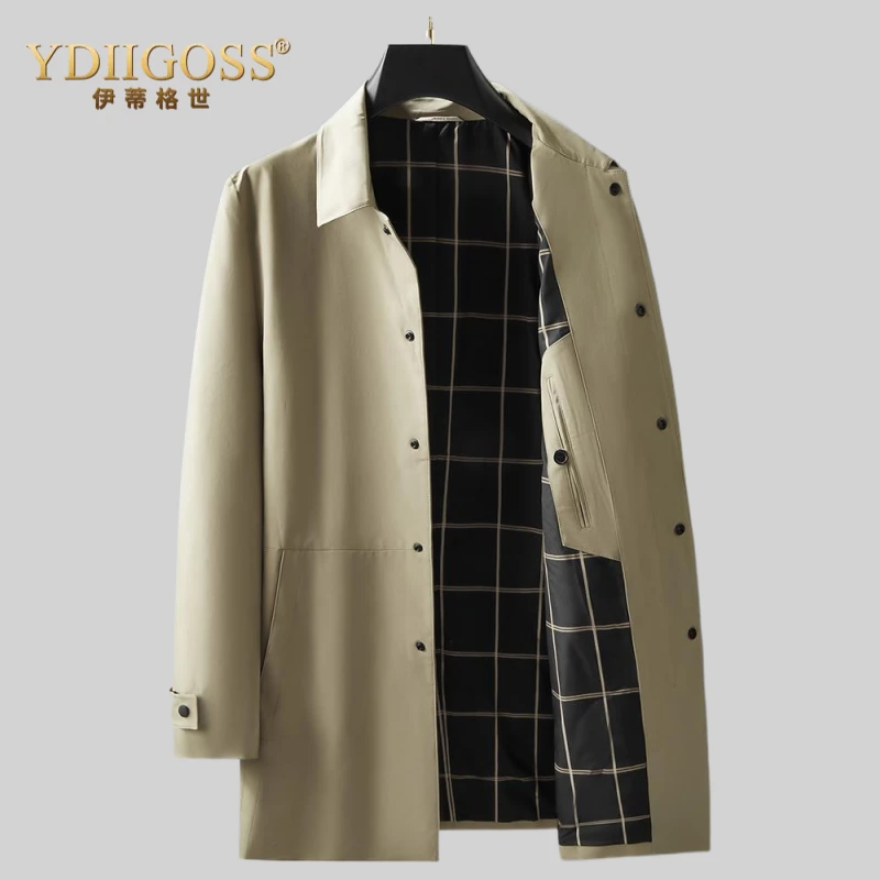 YDIIGOSS风衣男中长款春秋季新款翻领休闲外套男商务时尚男装
