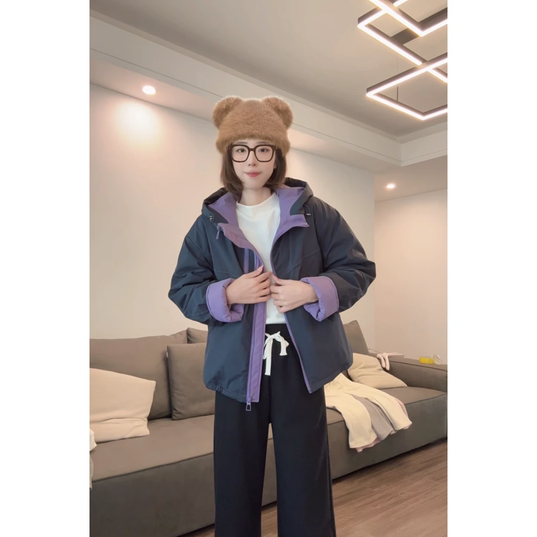 J12618-拼接撞色短款连帽加绒加厚外套女冬新款休闲百搭外套潮