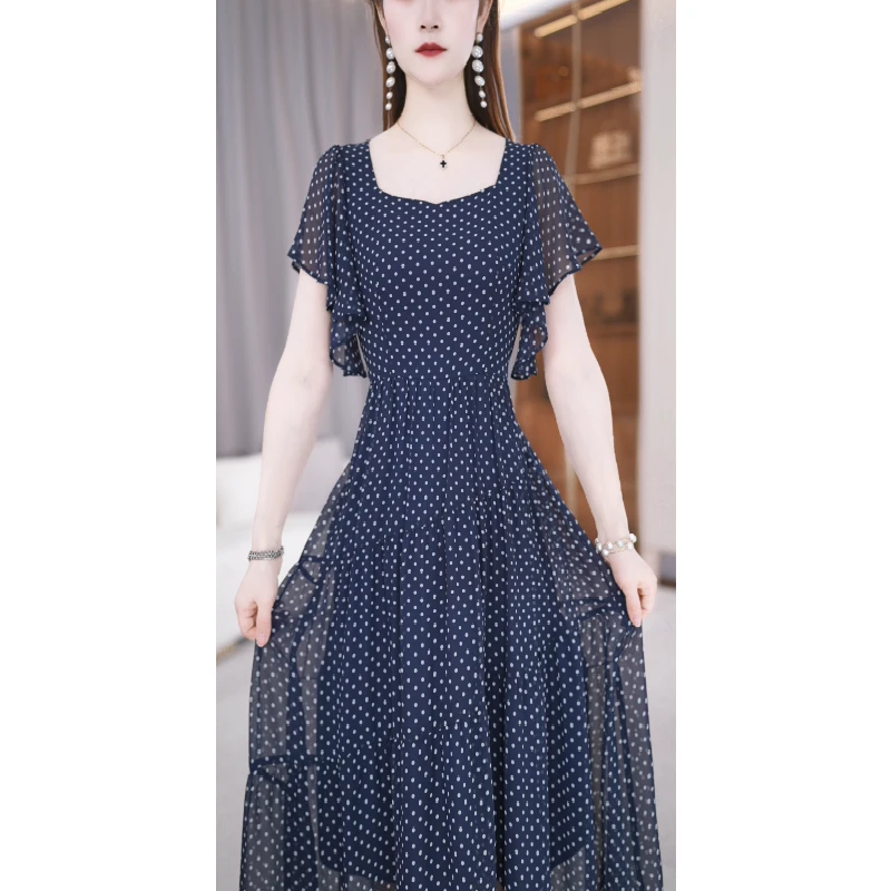 【连衣裙】夏季新款方领纯色圆点时尚短袖中长款连衣裙M-4XL